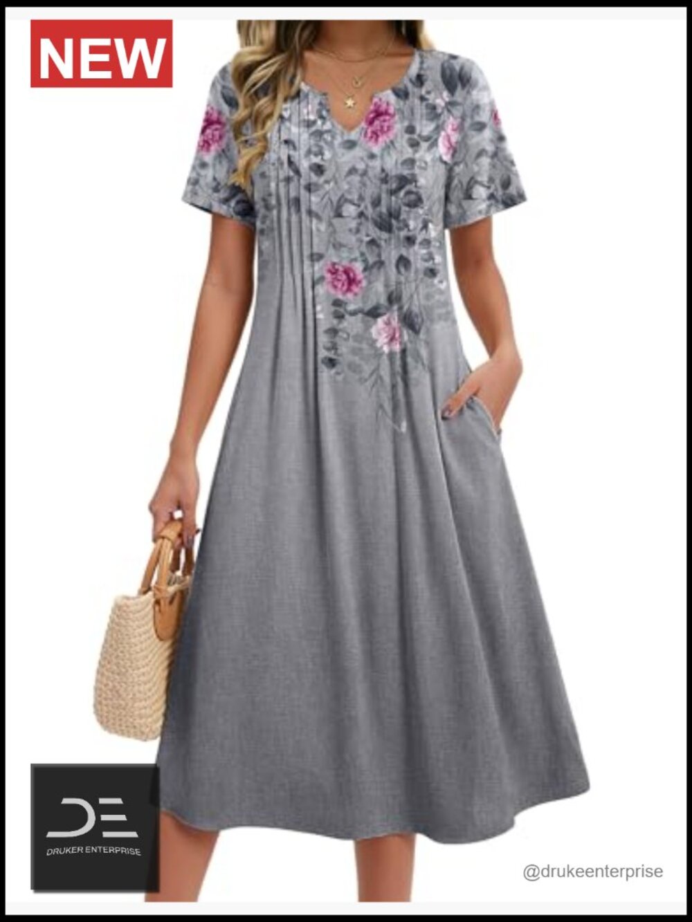 Casual Short Sleeve A-Line Midi Dress with Pockets Flowy Pleated T-Shirt - Picture 2 of 7